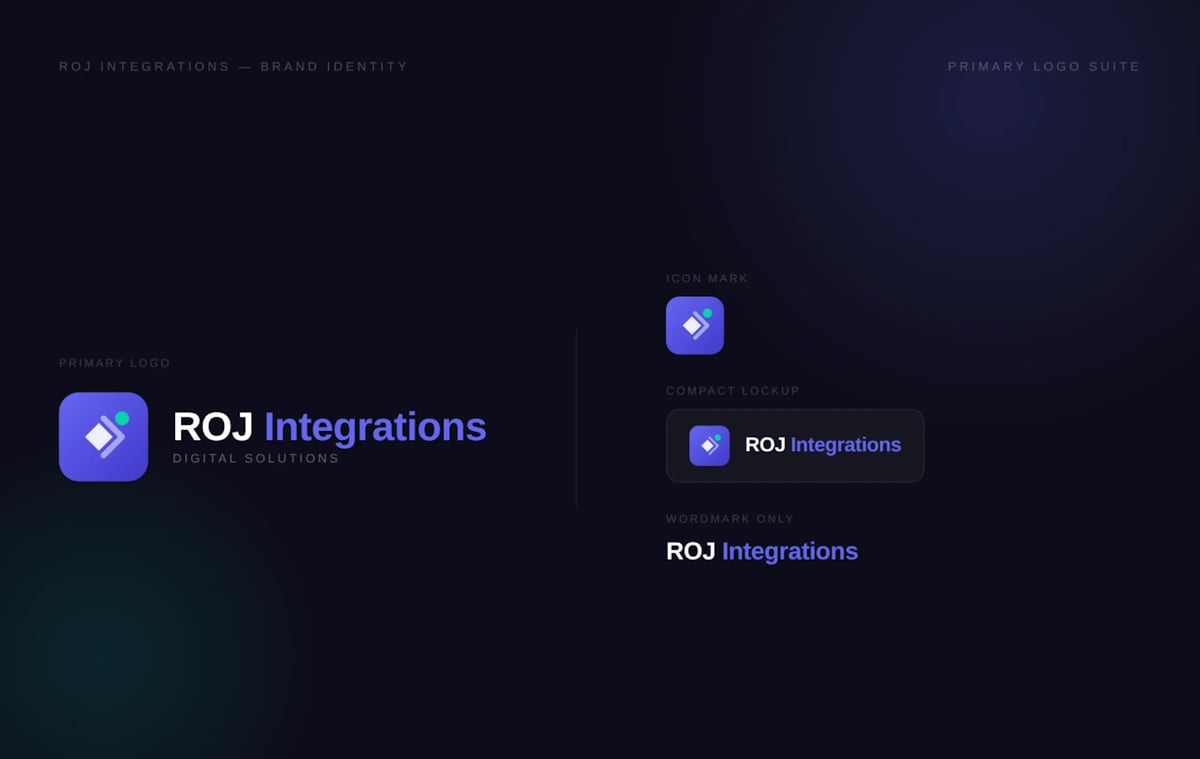 ROJ Integrations logo displayed on dark navy background with brand identity elements and interface icons