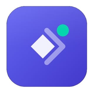 Blue app icon with white square and arrows graphic with cyan dot in corner